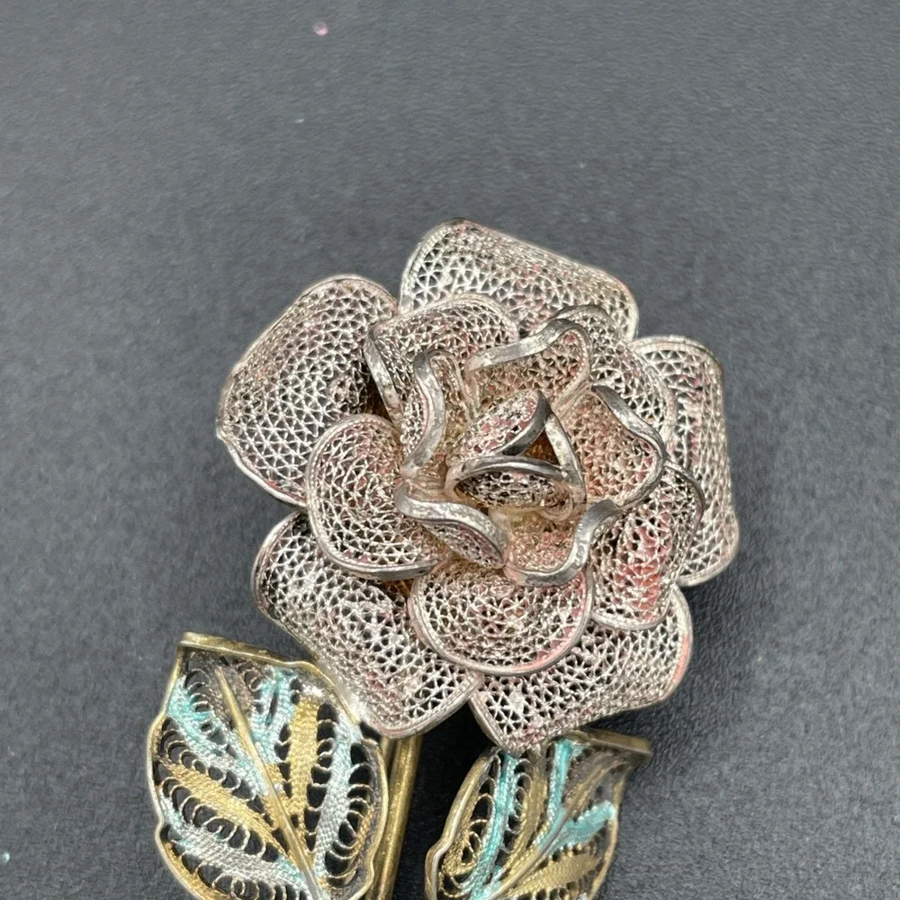 Antique Vintage Sterling Silver Floral Filigree Enamel Brooch Trombone Clasp 40s